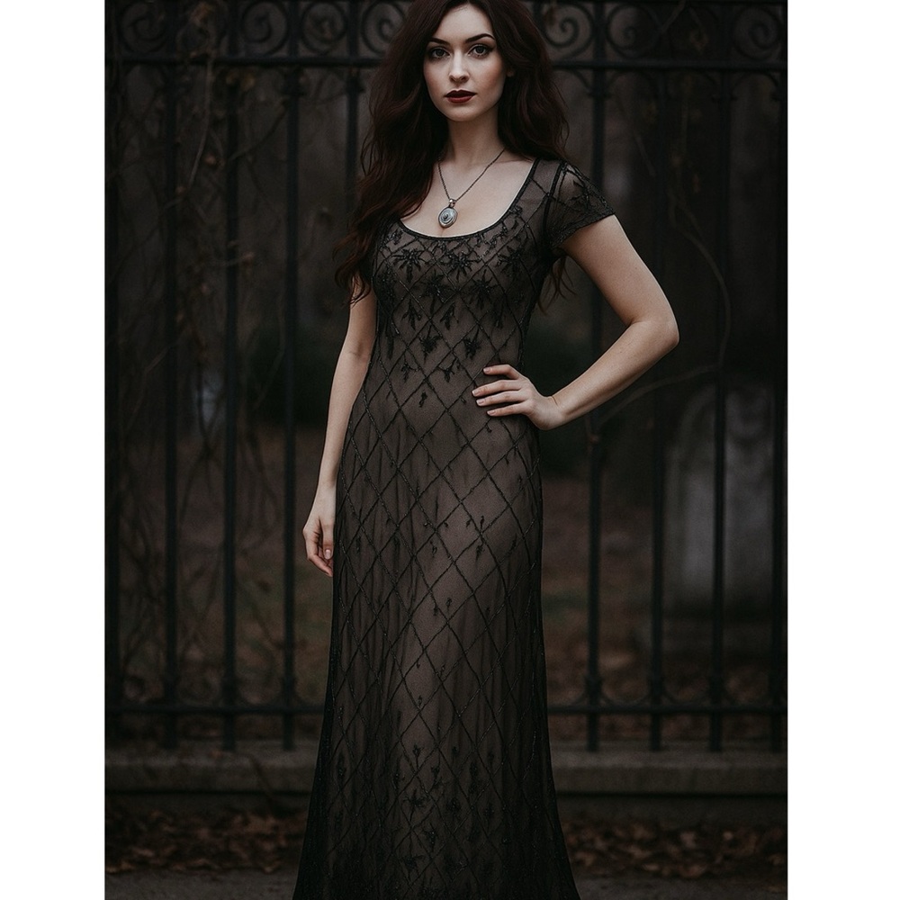 Vintage 90s Beaded Mesh Gown Size 10 Art Deco Gothic Formal Dress Romantic Goth